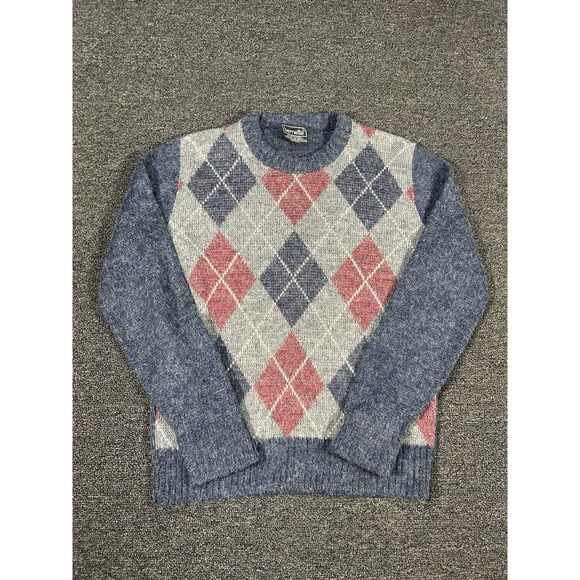 Vintage Sweater Mens Large Shag Kurt Kobain Argyle Print Mohair Pullover USA 60s - Picture 1 of 7